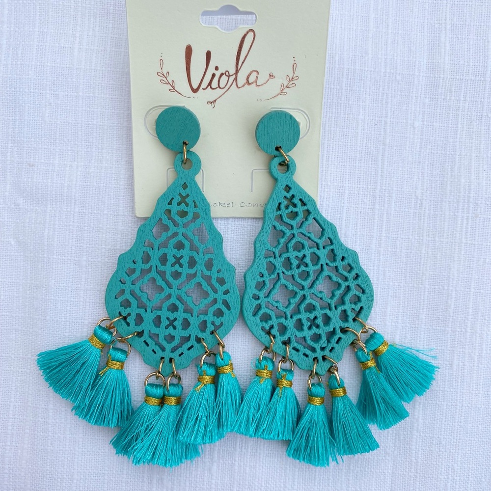 Turquoise Wooden Fashion Earrings w/Tassels NWOT